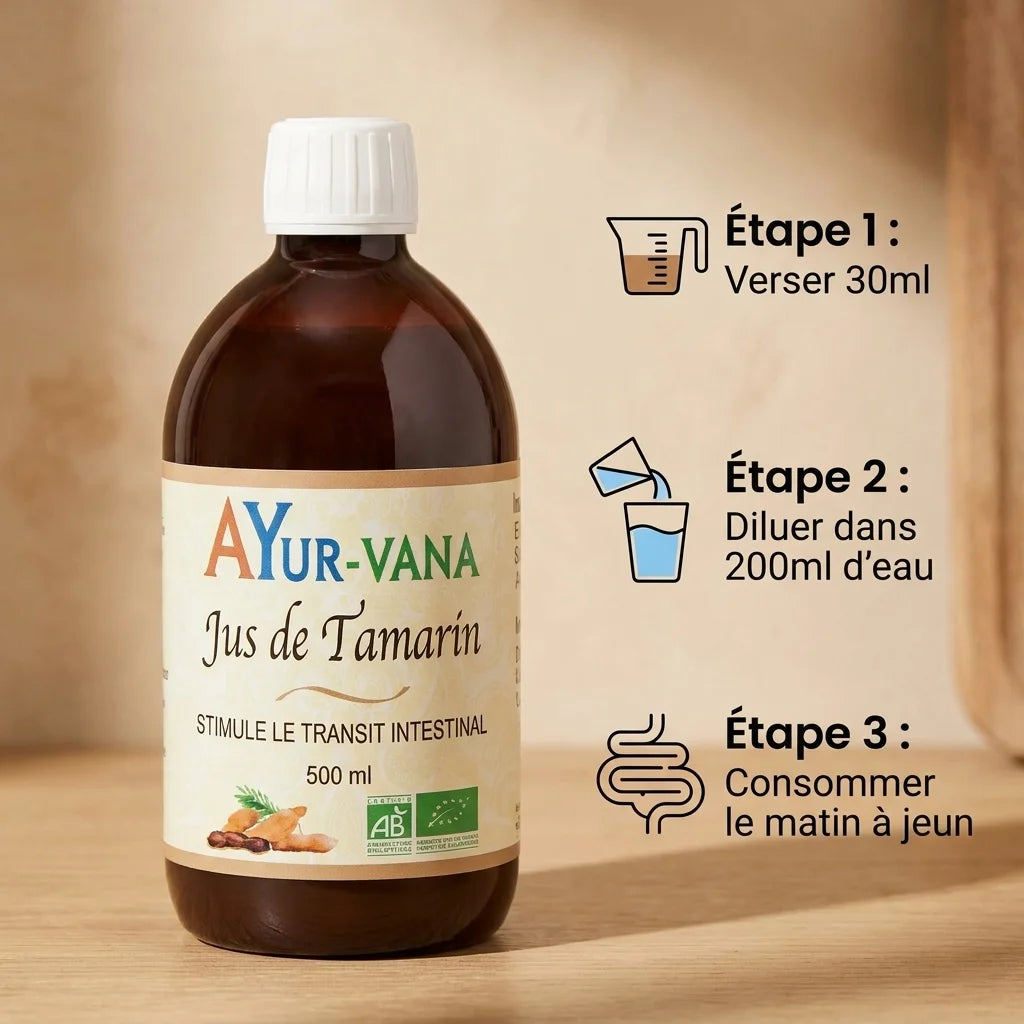 Jus de Tamarin bio Ayurvana 500ml avec instructions de consommation et certification AB