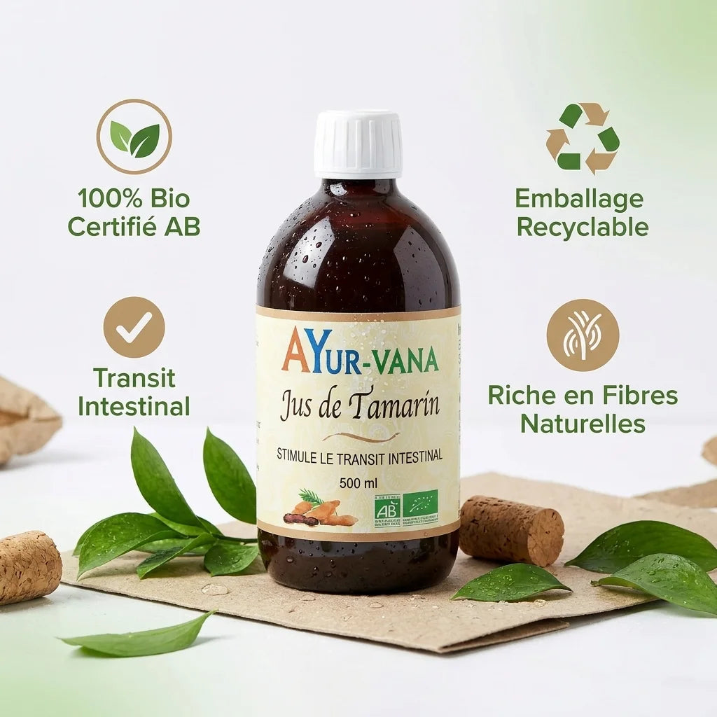Bouteille Jus de Tamarin bio Ayurvana 500ml avec certificat AB, feuilles vertes et éléments écologiques