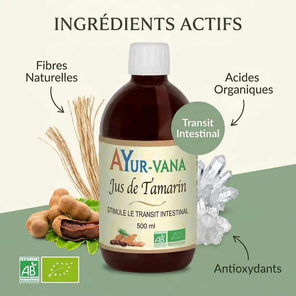 Bouteille Jus de Tamarin bio Ayurvana 500ml avec ingrédients naturels et fibres pour transit intestinal