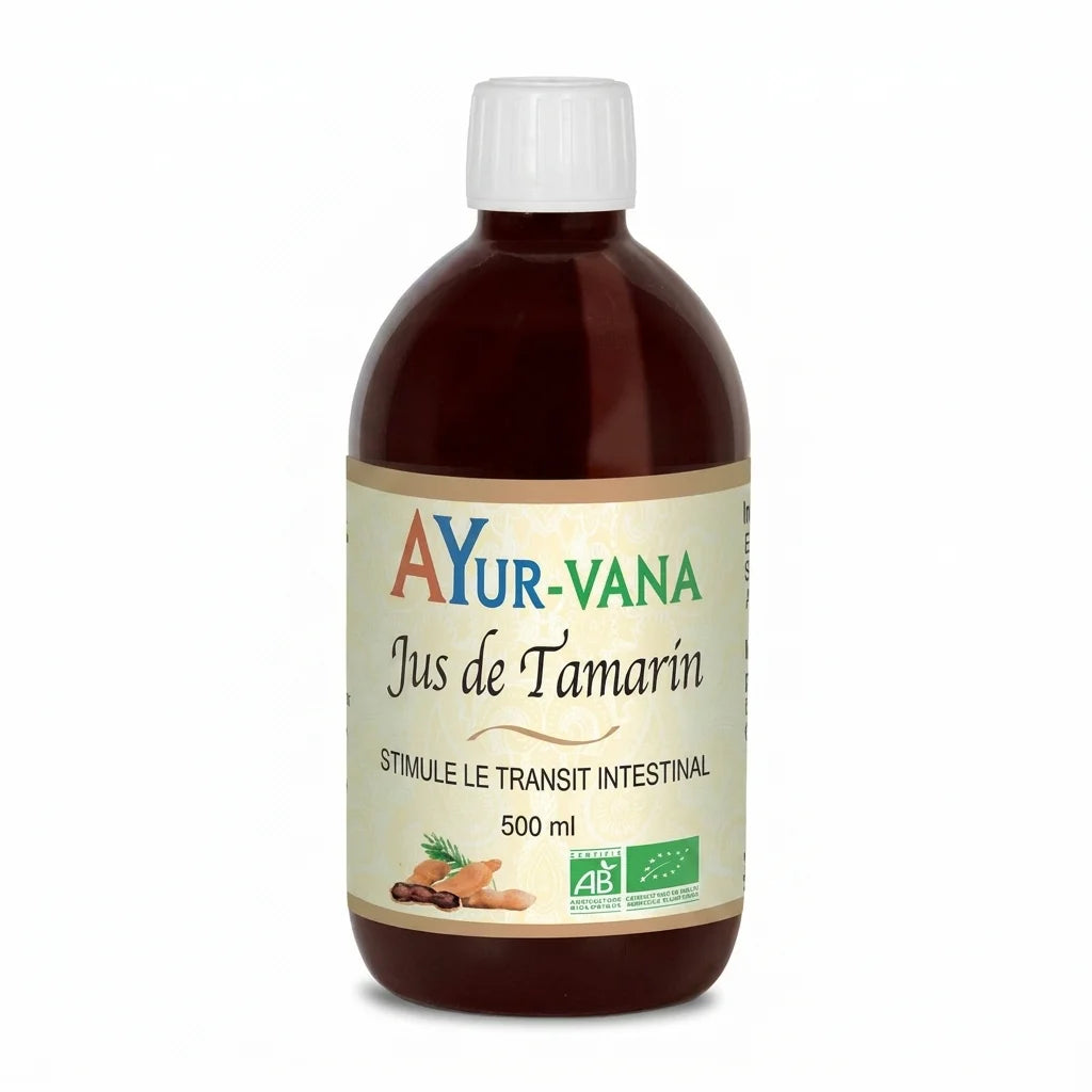 Bouteille Jus de Tamarin bio Ayurvana 500ml sur fond blanc - produit certifié