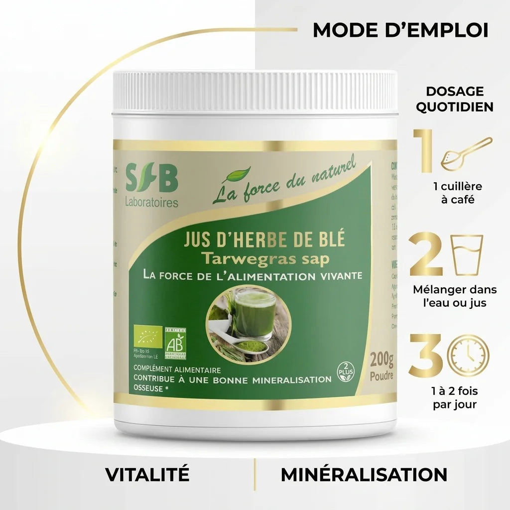 Poudre de blé bio SFB avec guide de dosage - 1 cuillère à café dans l'eau, 1-2 fois par jour