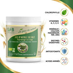 Poudre de jus d'herbe de blé bio SFB avec infographies nutritionnelles : chlorophylle, vitamines et minéraux