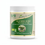 Poudre de jus d'herbe de blé bio SFB 200g, pot blanc avec étiquette verte et or