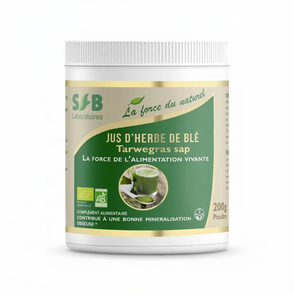 Poudre de jus d'herbe de blé bio SFB 200g, pot blanc avec étiquette verte et or