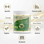 Poudre de jus d'herbe de blé bio SFB vegan avec icônes cibles: sportifs, parents, vegans, seniors