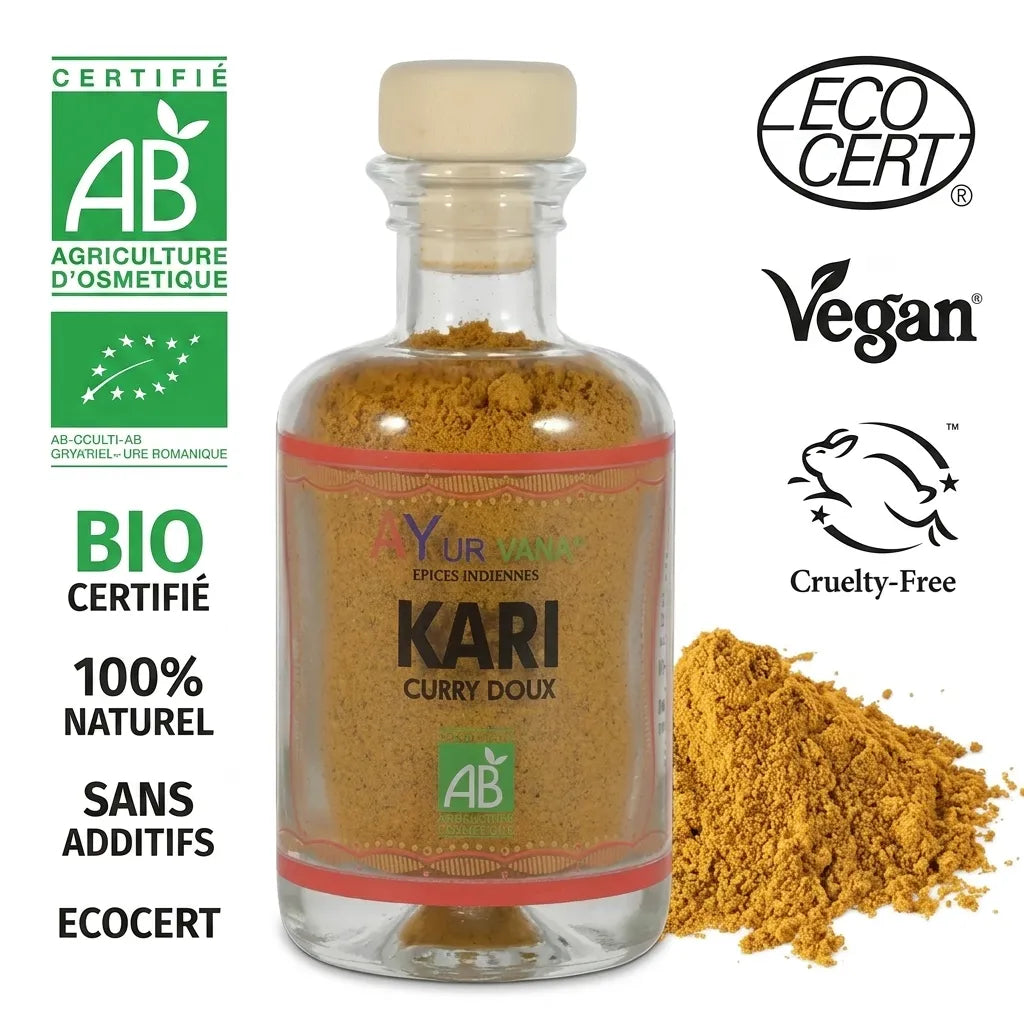 Kari Bio Ayurvana curry doux bio certifié avec labels organic et écocert sur fond blanc