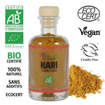 Kari Bio Ayurvana curry doux bio certifié avec labels organic et écocert sur fond blanc