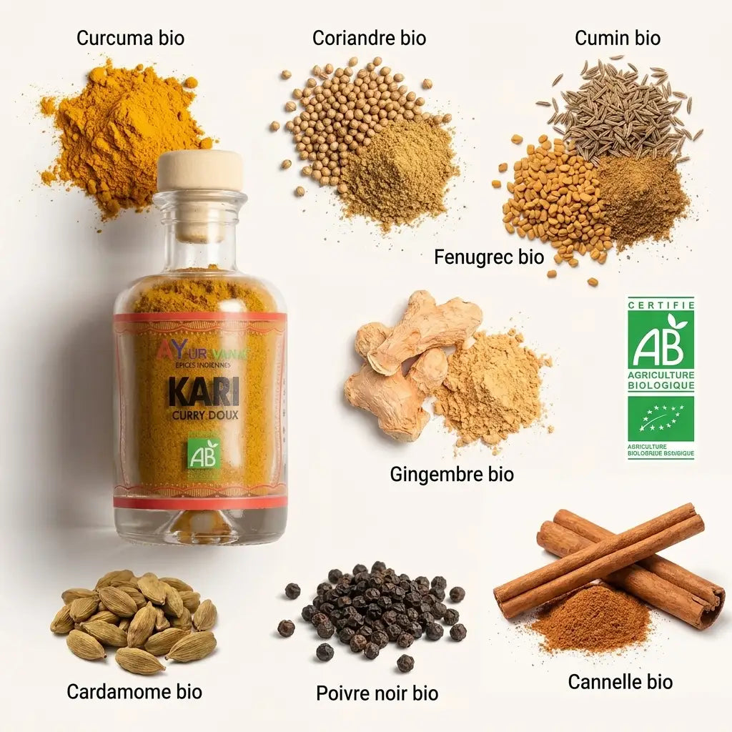 Kari bio Ayurvana curry doux avec ingrédients organiques curcuma coriandre cumin gingembre