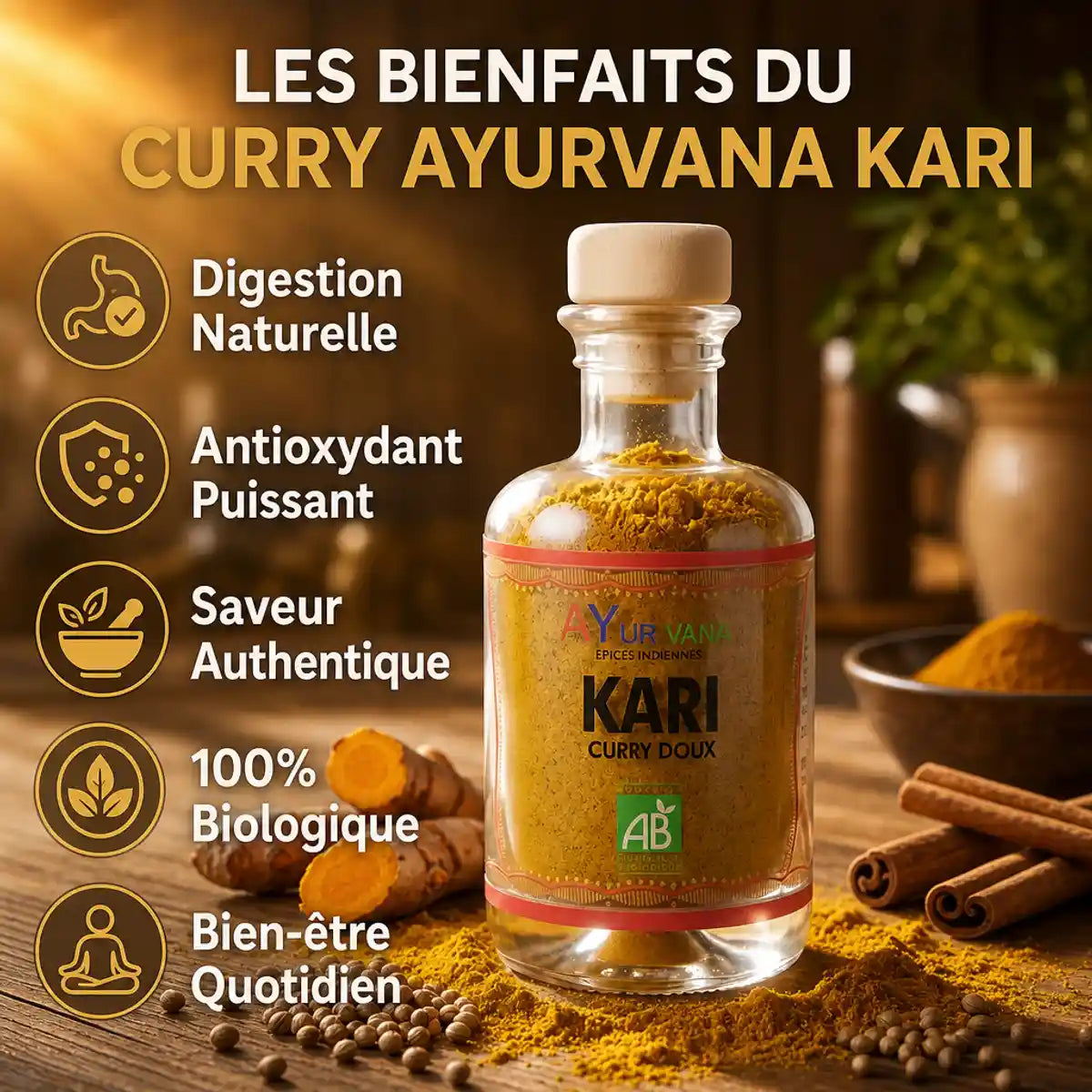 Kari bio Ayurvana curry doux avec ingrédients naturels et bénéfices santé affichés