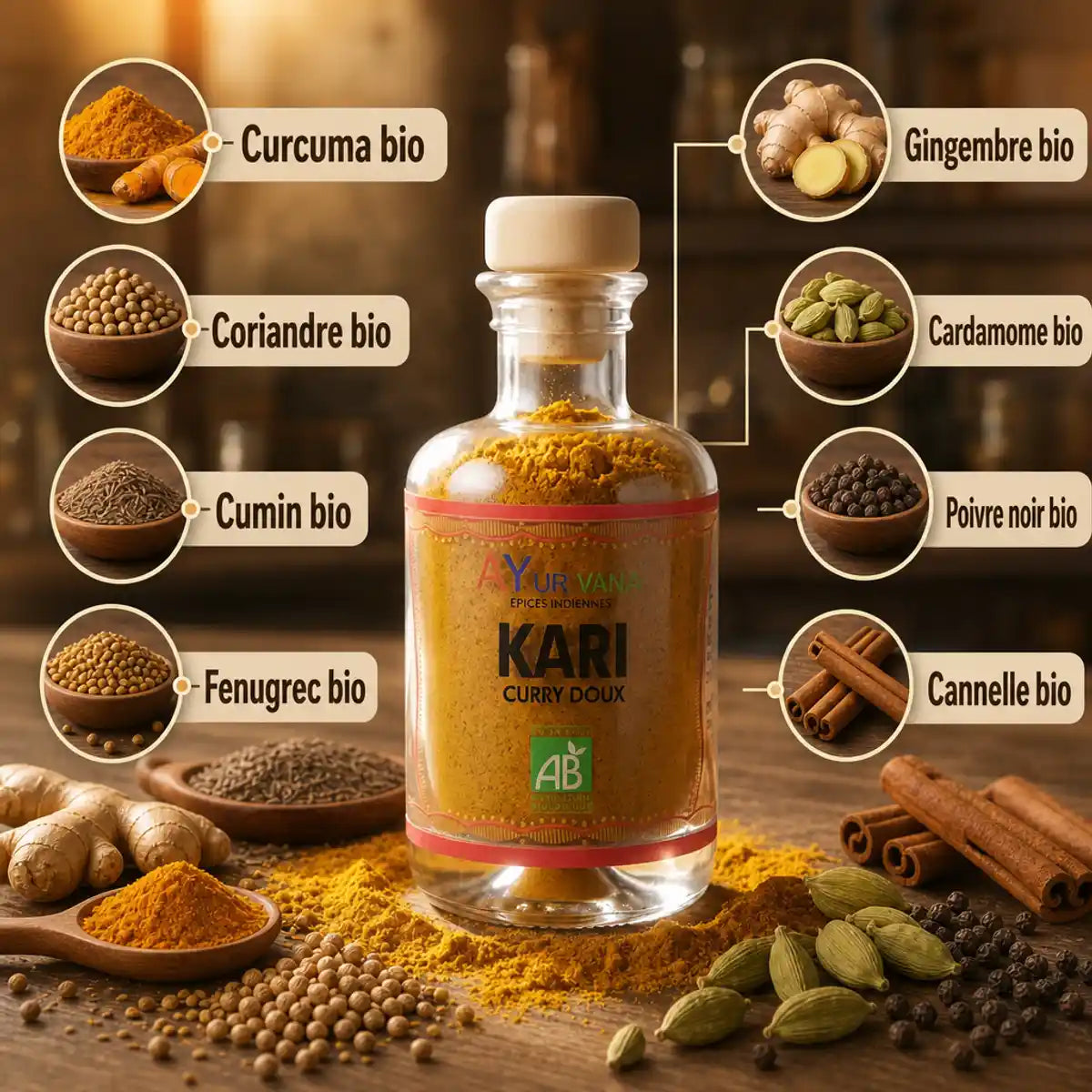 Curry Kari bio Ayurvana avec ingrédients naturels : curcuma, coriandre, cumin et épices