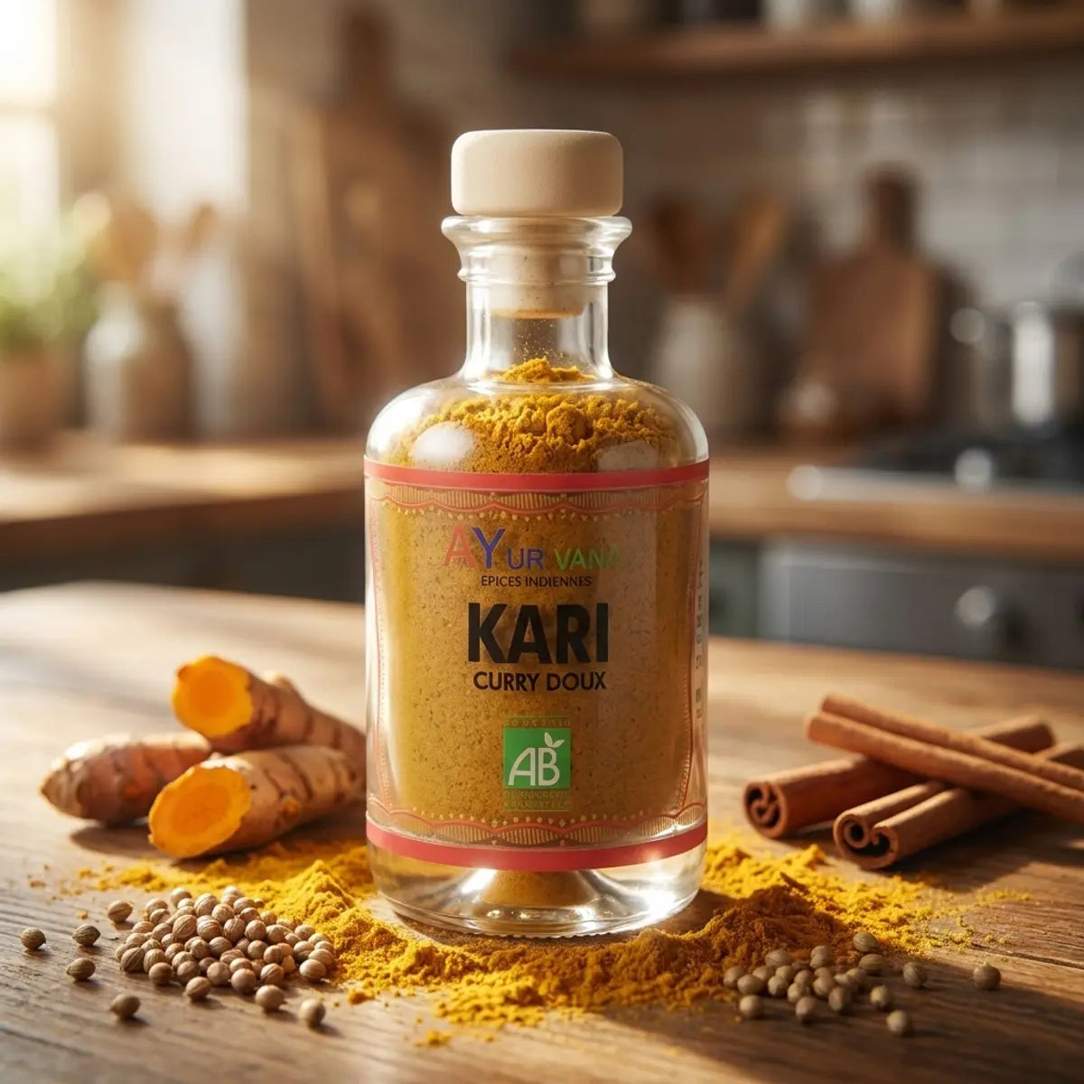 Kari bio Ayurvana curry doux avec épices naturelles sur plan de travail bois