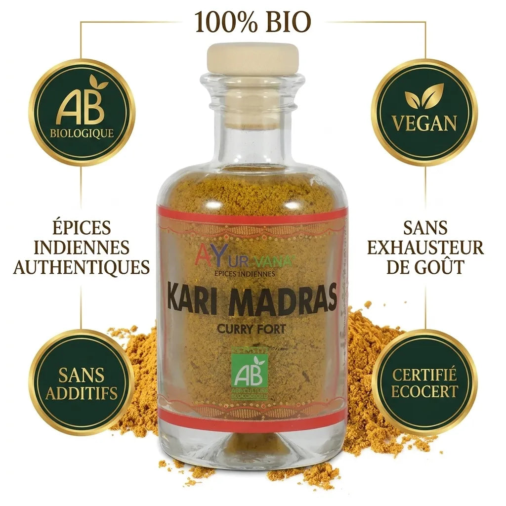 Pot Kari Madras bio Ayurvana certification AB, épices indiennes authentiques, sans additifs