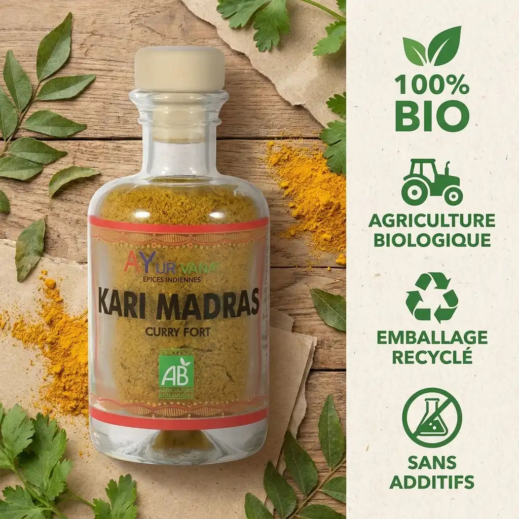 Kari Madras bio Ayurvana - Bouteille curcuma certifiée AB avec emballage recyclé