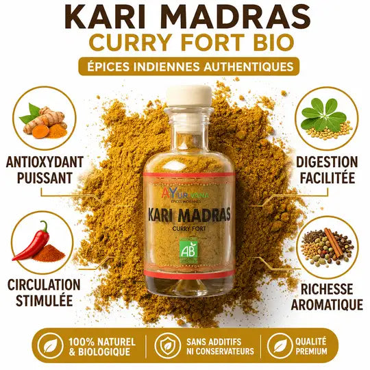 Kari Madras bio Ayurvana avec bénéfices : antioxydant, digestion, circulation et arômes