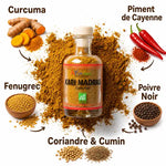 Curry Kari Madras Ayurvana bio avec ingrédients: curcuma, piment, fenugrec, poivre noir, coriandre