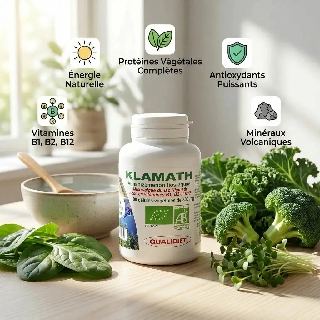 Klamath bio gélules Qualidiet avec légumes verts, bénéfices nutritionnels et minéraux volcaniques