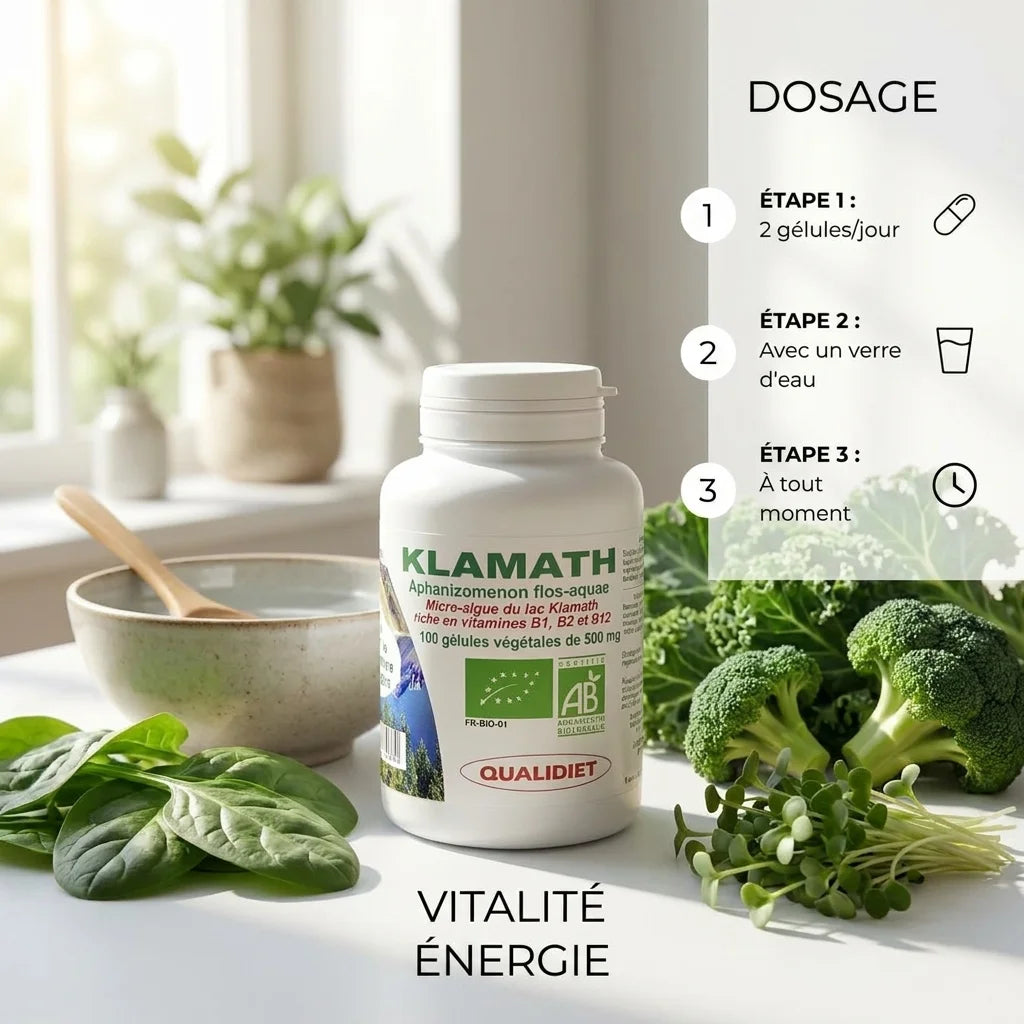 Bouteille de gélules Klamath bio Qualidiet avec légumes frais et dosage recommandé