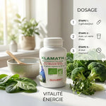 Bouteille de gélules Klamath bio Qualidiet avec légumes frais et dosage recommandé