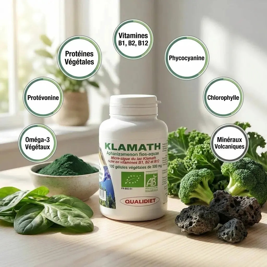 Gélules Klamath bio avec ingrédients naturels : protéines, vitamines B et microalgues