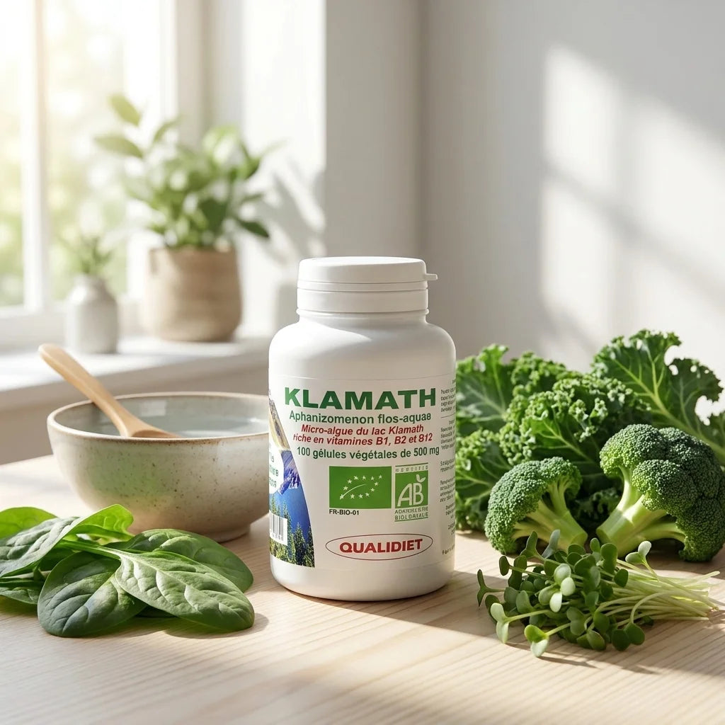 Bouteille Klamath bio en gélules avec légumes frais et certification biologique