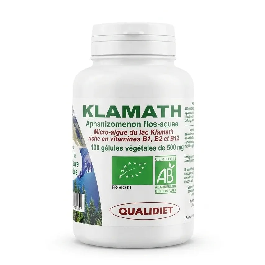 Bouteille de gélules Klamath bio QUALIDIET avec certification organique en gros plan