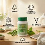 Complément Klamath bio vegan en gélules avec icônes de bénéfices : vitalité, équilibre émotionnel et bien-être