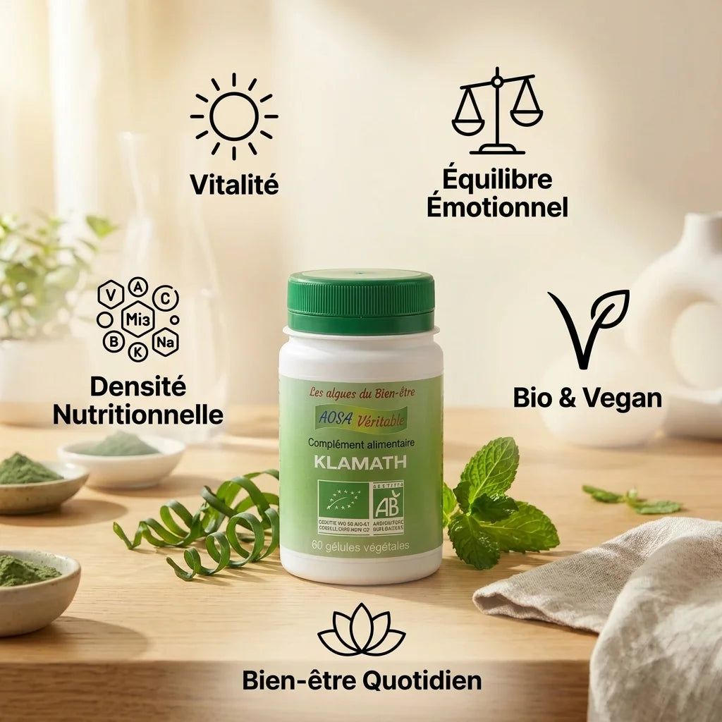 Complément Klamath bio vegan en gélules avec icônes de bénéfices : vitalité, équilibre émotionnel et bien-être