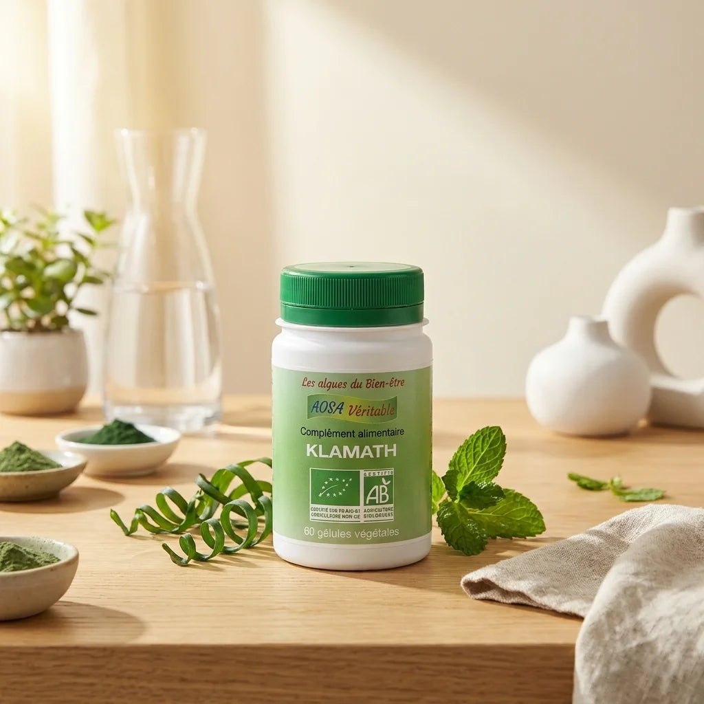 Complément alimentaire Klamath bio vegan en gélules, flacon avec bouchon vert sur surface naturelle