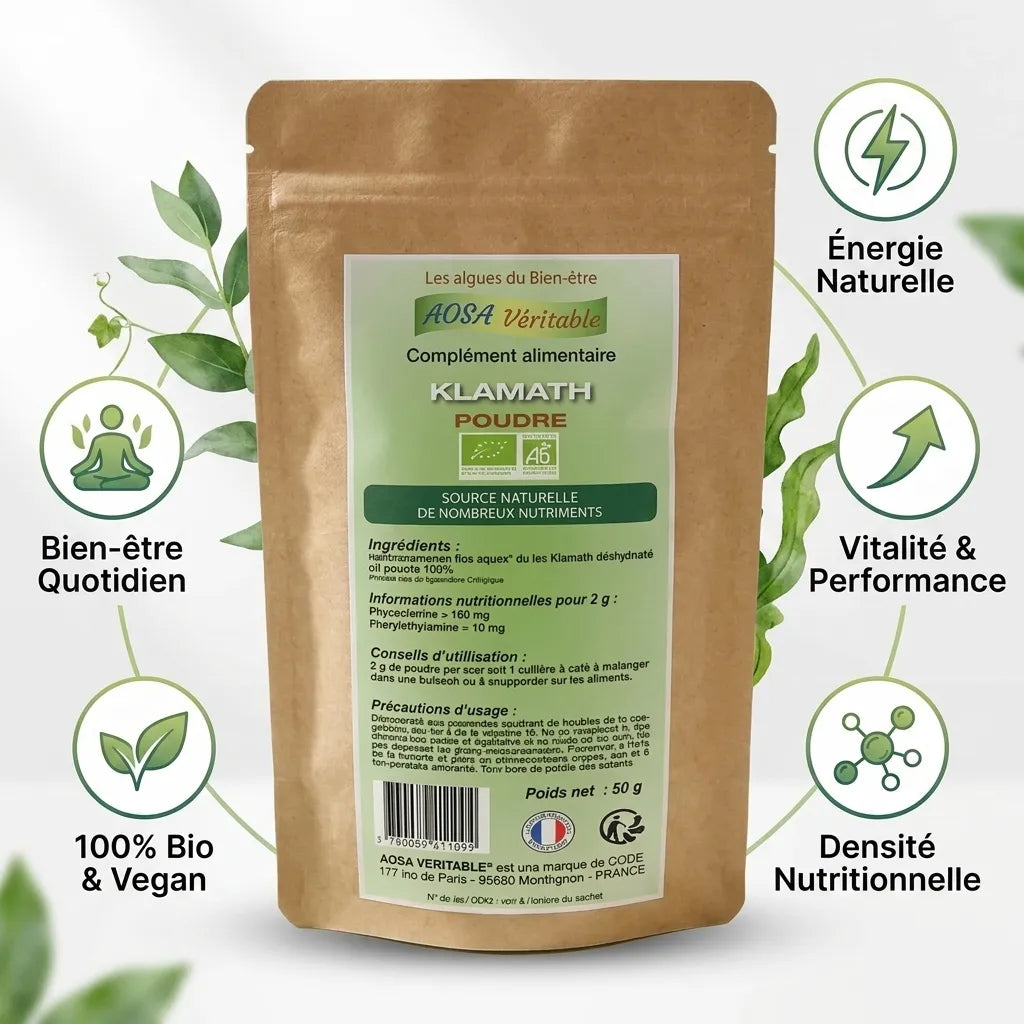 Poudre Klamath bio vegan avec icônes bénéfices : énergie, vitalité, nutrition, bien-être