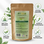 Poudre Klamath bio vegan avec icônes bénéfices : énergie, vitalité, nutrition, bien-être