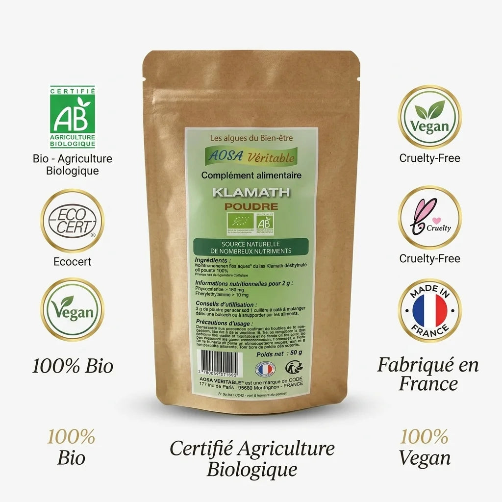 Poudre Klamath bio vegan certifiée, packaging kraft avec labels AB, Ecocert et fabriqué en France