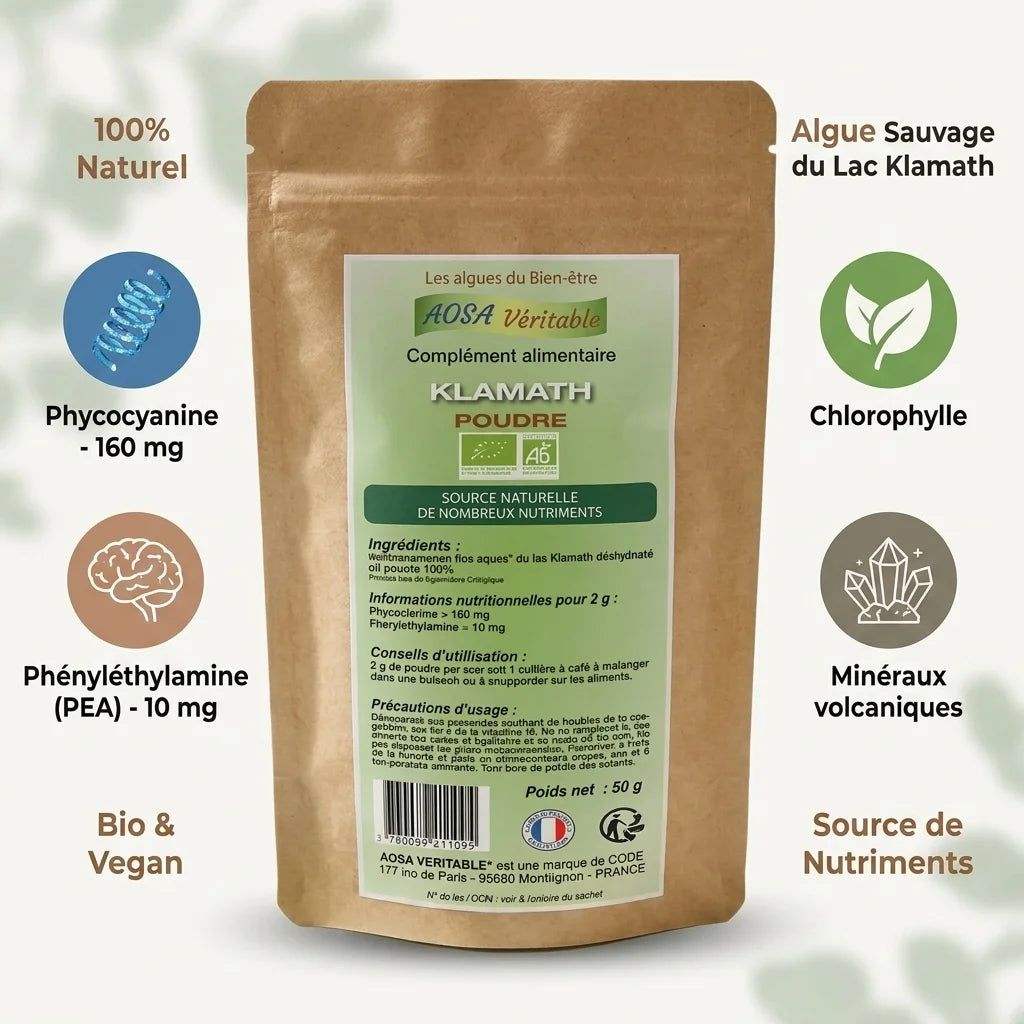 Poudre Klamath bio vegan en sachet kraft avec infographies nutritionnelles et minéraux volcaniques