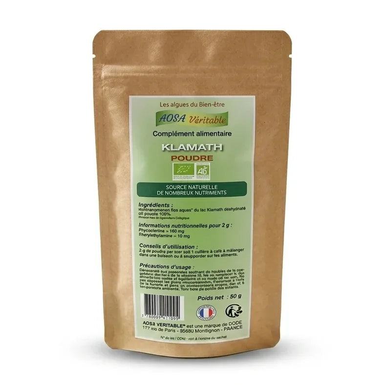 Poudre Klamath bio vegan en sachet kraft avec étiquette verte sur fond blanc