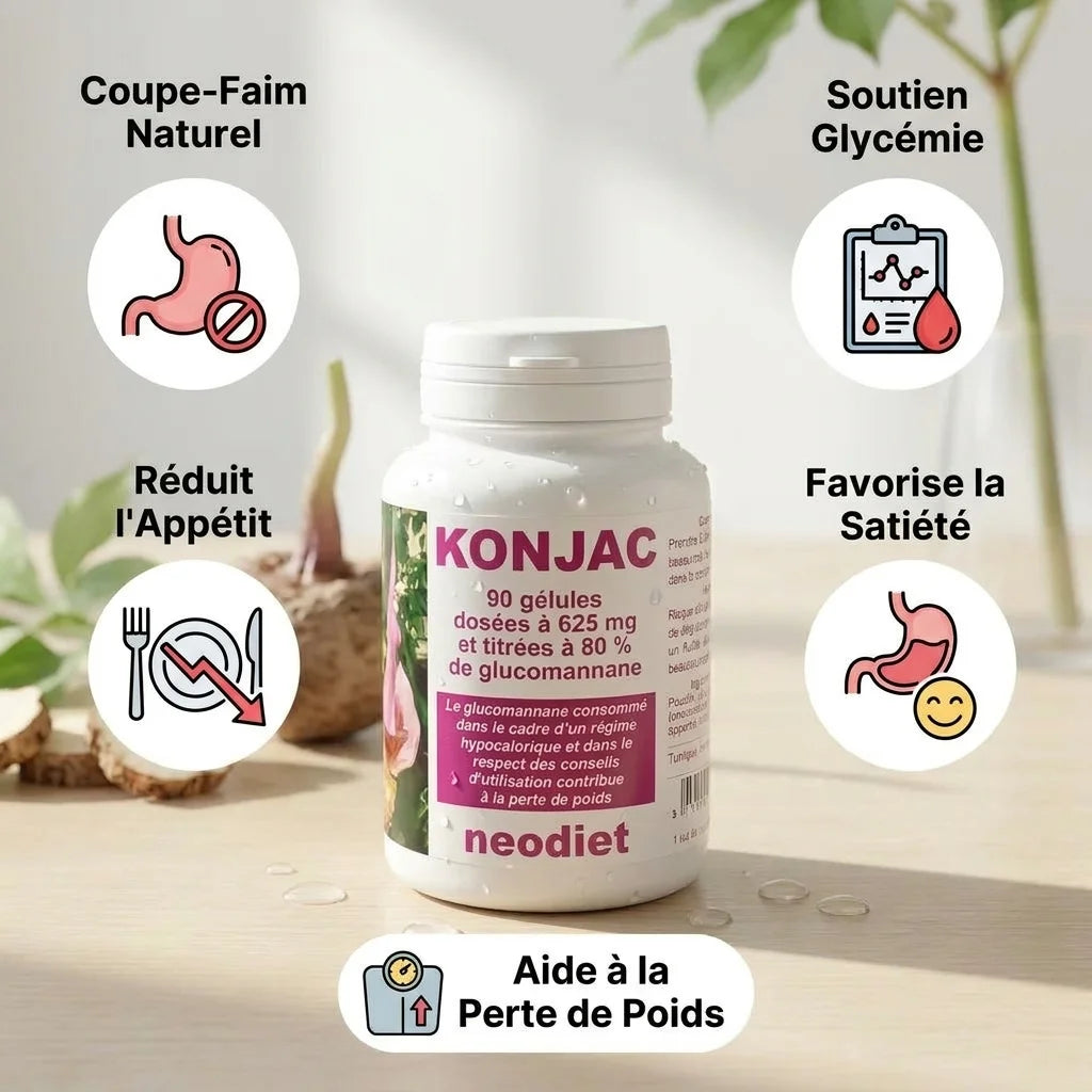 Gélules Konjac Neodiet avec infographie des 5 bénéfices : coupe-faim naturel, réduit appétit, soutien glycémie, satiété, perte de poids.