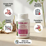 Gélules Konjac Neodiet avec infographie des 5 bénéfices : coupe-faim naturel, réduit appétit, soutien glycémie, satiété, perte de poids.