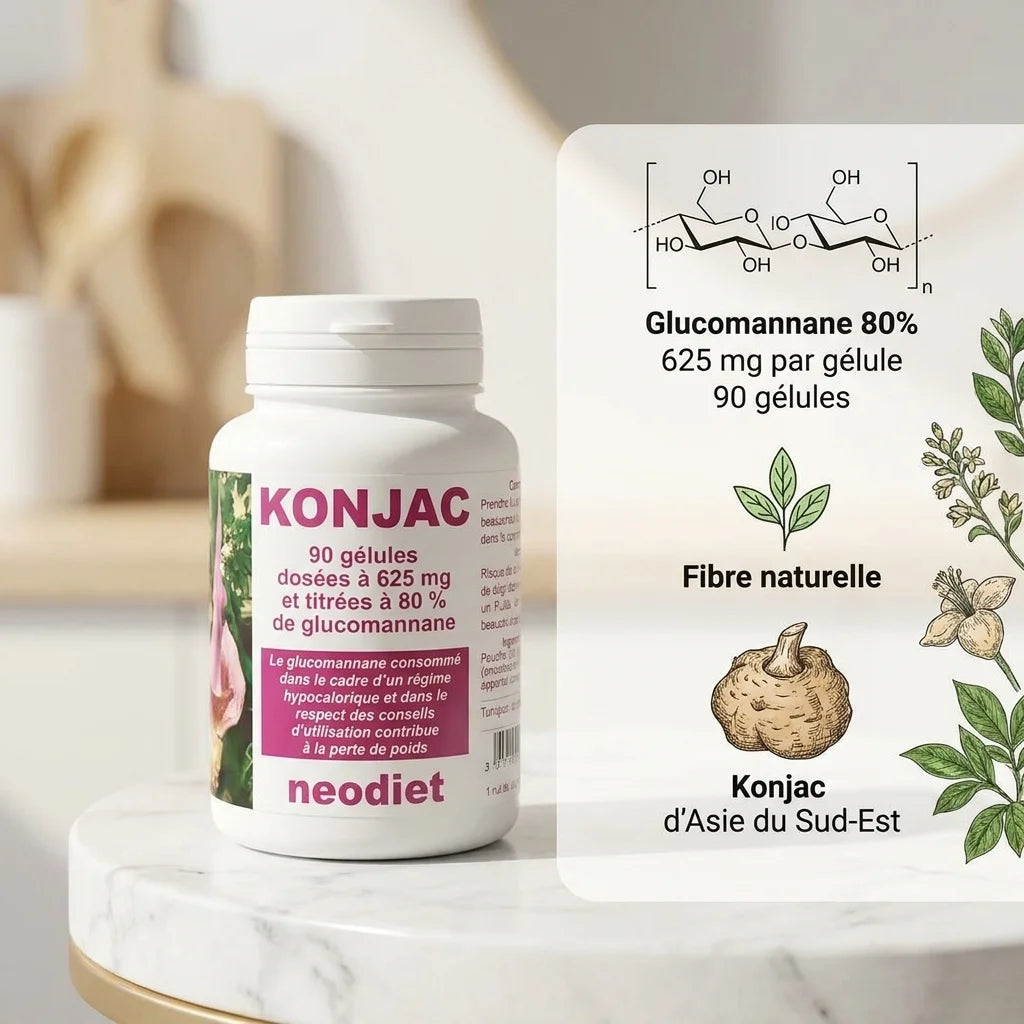 Gélules Konjac Neodiet avec infographie ingrédients et glucomannane 625mg