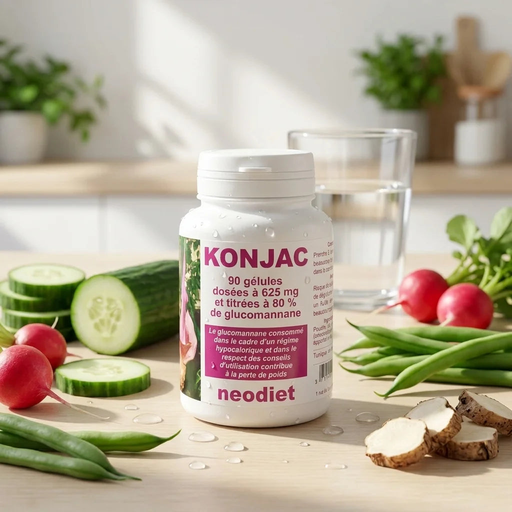 Gélules Konjac Neodiet avec légumes frais et eau, symbole de bien-être naturel