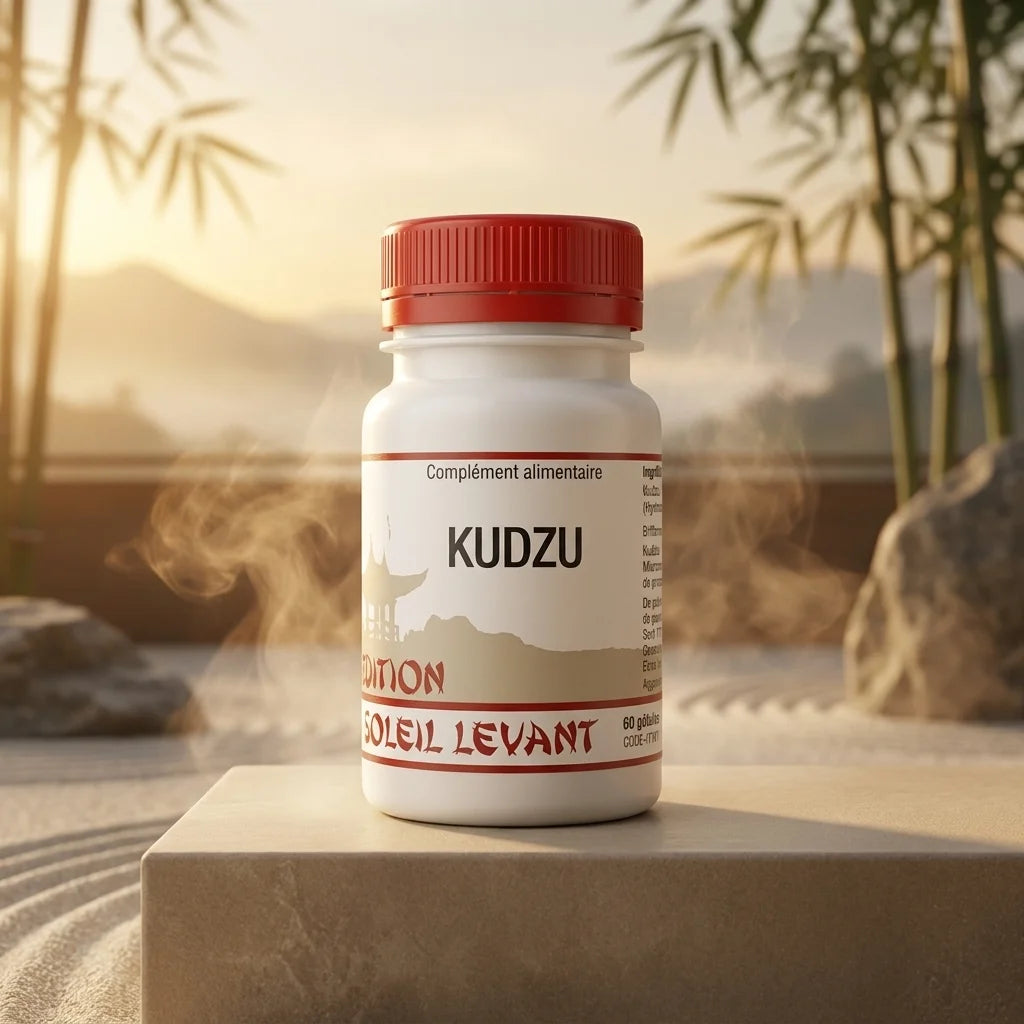 Kudzu vegan en gélules - Flacon avec bouchon rouge sur fond asiatique serein