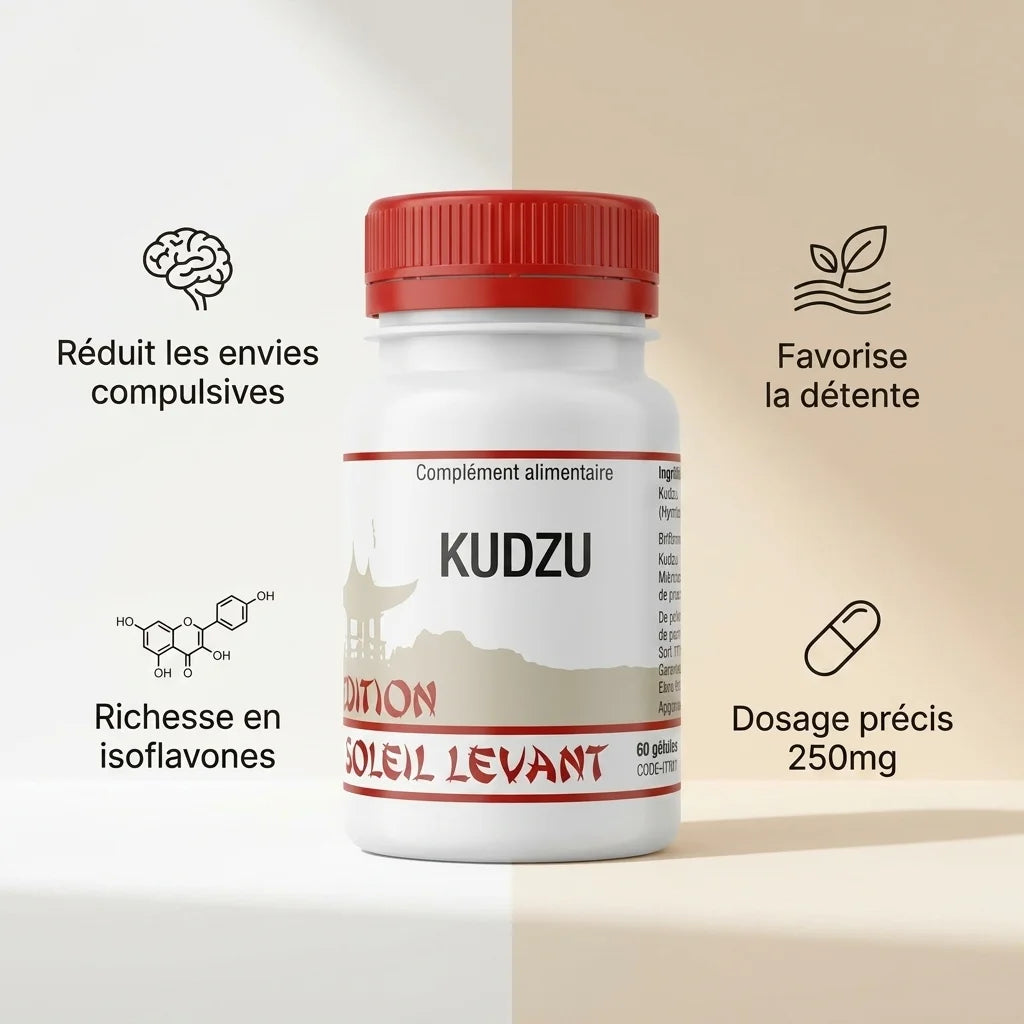 Kudzu vegan en gélules avec bénéfices : réduit envies compulsives, favorise détente, 250mg