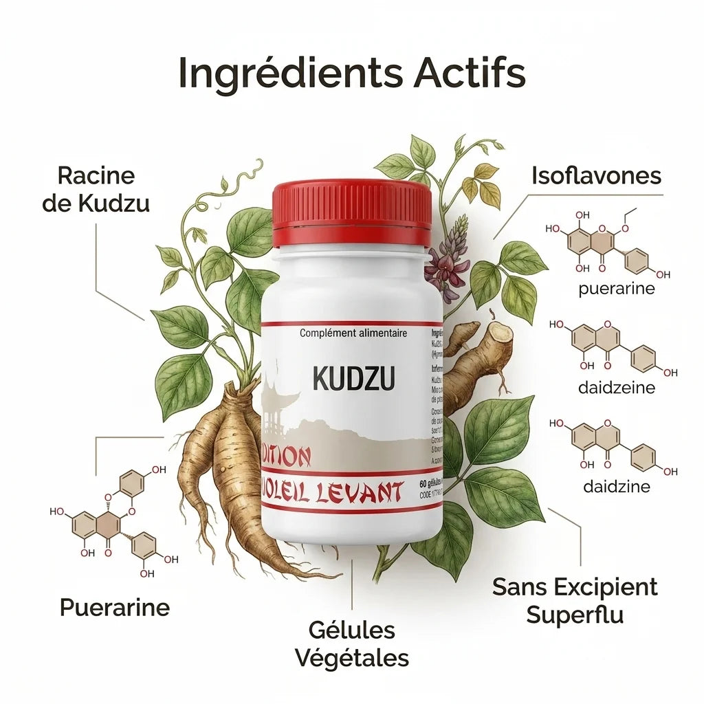 Kudzu vegan en gélules Tradition du Soleil Levant avec ingrédients actifs isoflavones et puerarine