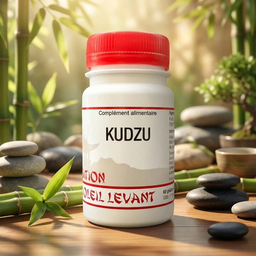 Kudzu vegan en gélules avec flacon rouge dans un cadre bien-être naturel et minimaliste