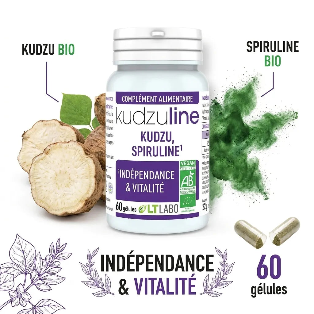 Kudzuline Bio gélules avec kudzu bio, spiruline et ingrédients naturels pour vitalité
