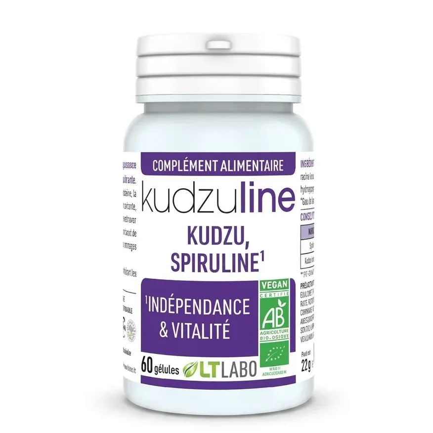 Flacon Kudzuline Bio en gélules avec label Kudzu Spiruline certifié vegan AB