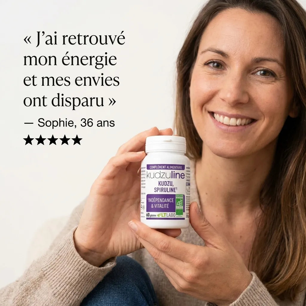 Femme tenant Kudzuline Bio gélules avec témoignage avis 5 étoiles, supplément bien-être naturel