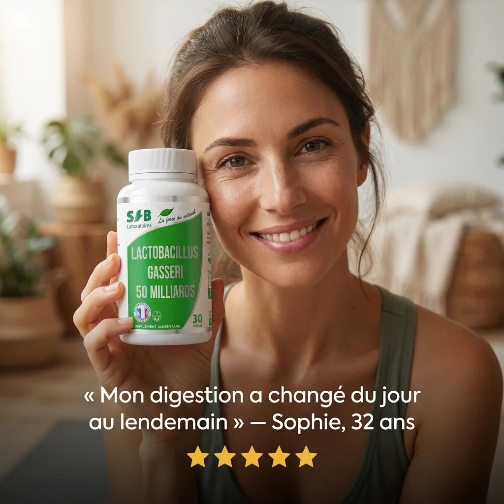 Femme satisfaite tenant L-Gasseri 50 milliards SFB avec témoignage digestion - probiotiques