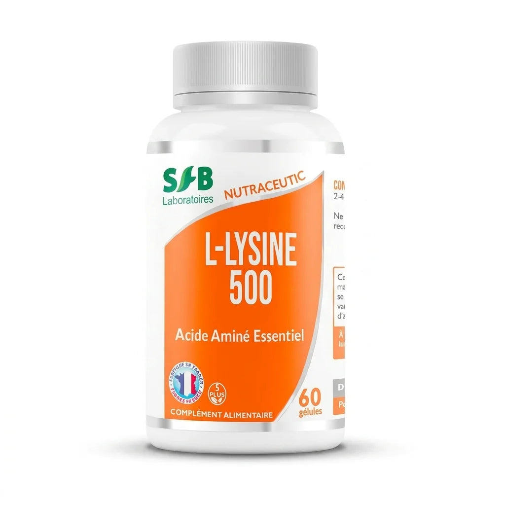 Flacon L-Lysine 500 SFB vegan 60 gélules sur fond blanc