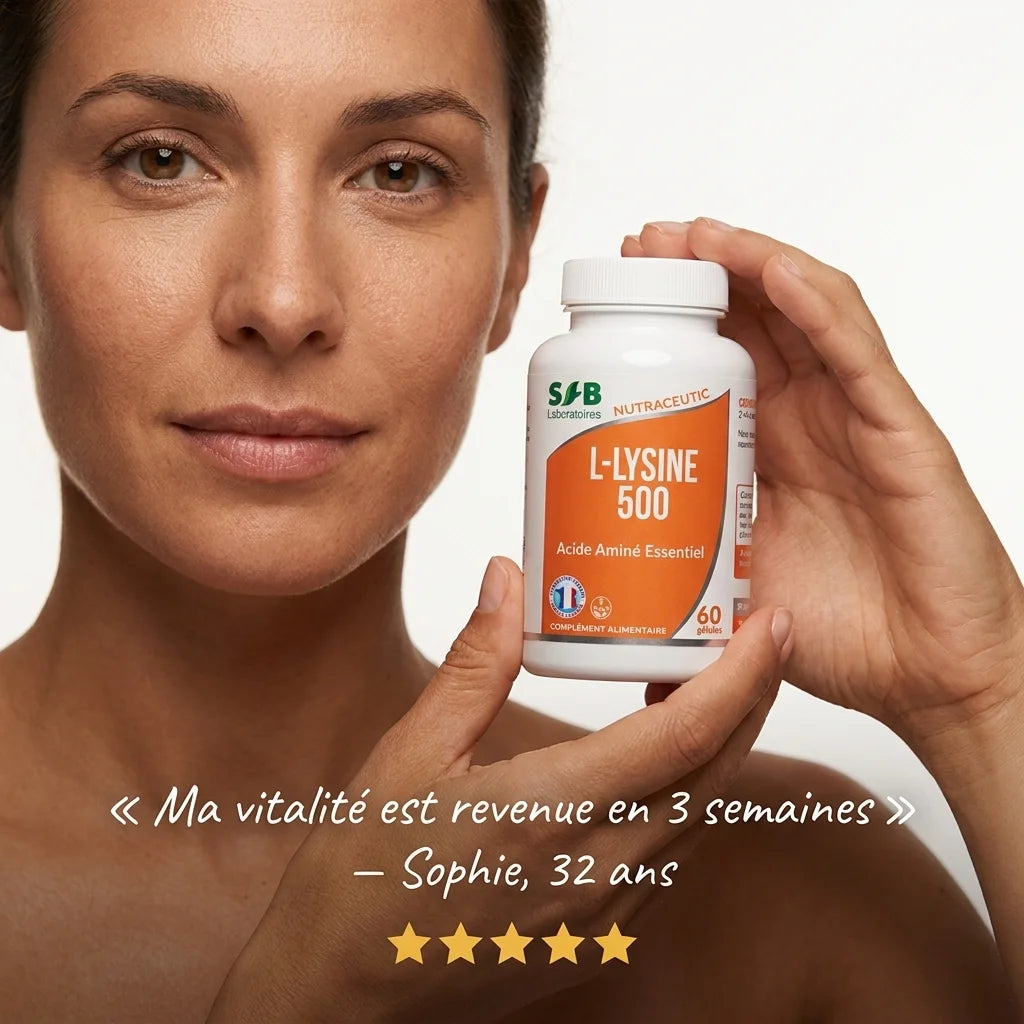 Femme tenant flacon L-Lysine 500 vegan SFB avec témoignage et 5 étoiles dorées