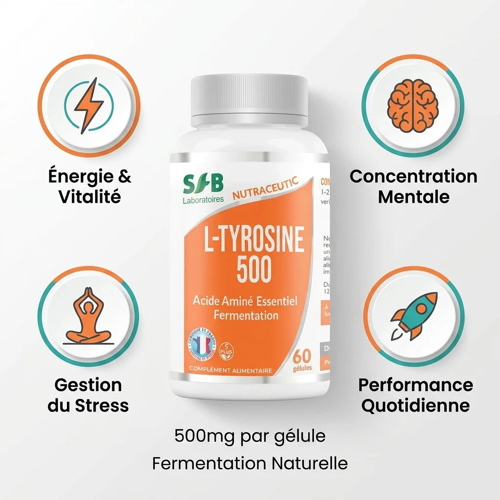 L-Tyrosine vegan 500mg SFB avec icônes bénéfices : énergie, concentration, stress, performance