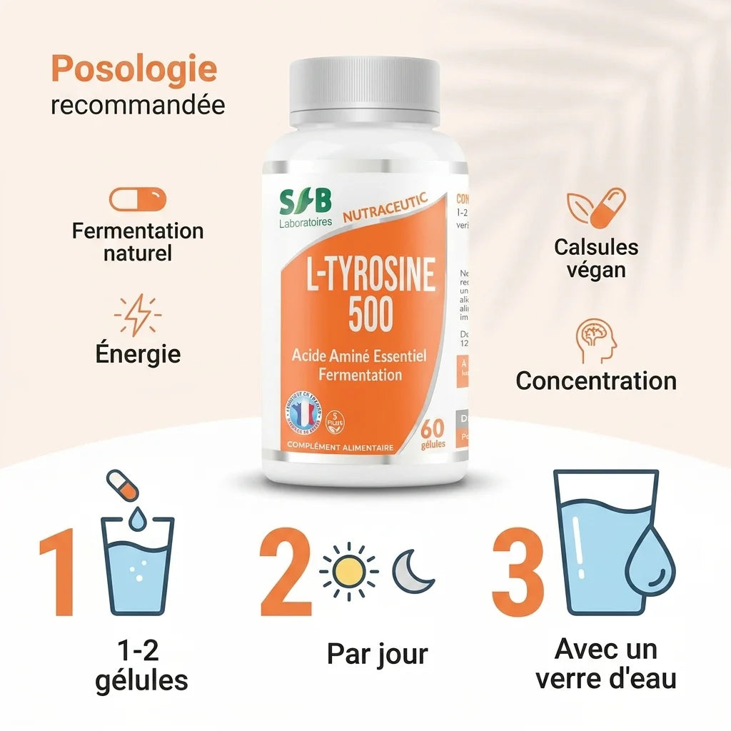 L-Tyrosine vegan 500mg SFB - Posologie 1-2 gélules par jour avec verre d'eau