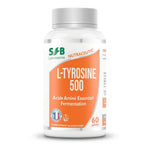 Bouteille L-Tyrosine 500mg vegan SFB Laboratoires en gélules, complément alimentaire sur fond blanc